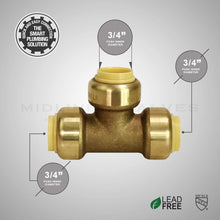 Load image into Gallery viewer, Supply Giant VQFU34-5 Tee Pipe Fittings Push to Connect Pex Copper, CPVC, 3/4 Inch, Brass Pack of 5, 5 Count