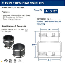 Load image into Gallery viewer, Supply Giant 6I58 Flexible Pvc Reducing Coupling with Stainless Steel Clamps, 4" x 3", Black