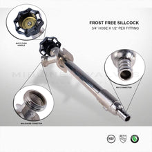 Load image into Gallery viewer, Sillcock Pipe Chrome Plated Brass Body Frost Free 4 inch Long with 1/2 inch PEX Connection and 3/4 inch Hose Bib Lead Free
