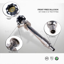 Load image into Gallery viewer, Sillcock Pipe Chrome Plated Brass Body Frost Free 4 inch Long with 1/2 inch PEX Connection and 3/4 inch Hose Bib Lead Free