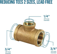 Load image into Gallery viewer, Supply Giant CSSU0340 3/4'' x 1/4''-Inch Lead Free Reducing Tee Two Size with Female Threaded Connections Ends, Brass Construction, Higher Corrosion Resistance Economical & Easy to Install, 14
