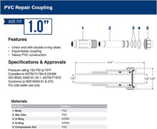 Load image into Gallery viewer, Midline Valve Heavy Duty PVC Repair Coupling Expandable Pipe Fitting