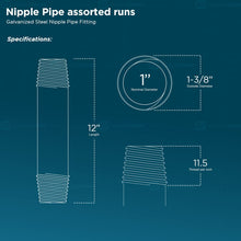 Load image into Gallery viewer, SUPPLY GIANT OQHM1012 12" Long Galvanized Steel Nipple Pipe Fitting with 1" Nominal Size Diameter, 1" x 12"