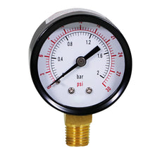 Load image into Gallery viewer, Supply Giant 2 in Dial Utility Dry Pressure Gauge, 0-160 Psi Ideal for Swimming Pool Filter - Spa - Sprinkler - Well Pump - Aquarium - Water Hose, 1/4 in NPT Lower Mount Brass Connection, 0-30 psi