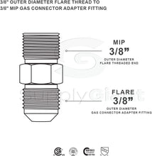Load image into Gallery viewer, Flextron FTGF-38M38 Gas Connector Adapter Fitting with 3/8" Outer Diameter Flare Thread x 3/8" MIP (TAPPED 1/4"), Uncoated, for Log & Space Gas Connectors, Stainless Steel