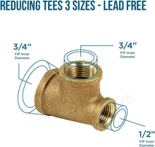 Load image into Gallery viewer, Supply Giant CSSU0344 1/2 in. x 3/4 in. Lead Free Reducing Tee Three Size with Female Threaded Connections Ends, Brass Construction, Higher Corrosion Resistance Economical & Easy to Install, 11