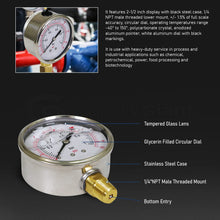 Load image into Gallery viewer, Supply Giant 2.5 inch Dial Face, Stainless Steel, Liquid Filled Pressure Gauge, for Oil, Gas, Water, and Air Pressure Testing, 1/4 in NPT Brass, Lower Mount Connection