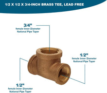 Load image into Gallery viewer, Supply Giant CSCU0120 1/2 x 1/2 x 3/4-Inch Lead Free Reducing Tee Bull Head with Female Threaded Connections Ends, Brass Construction, Higher Corrosion Resistance Economical & Easy to Install, 13