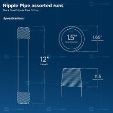 Load image into Gallery viewer, Supply Giant OQCM1512 12" Long Black Steel Nipple Pipe Fitting with 1-1/2" Nominal Size Diameter