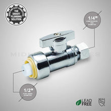Load image into Gallery viewer, Pushlock UPSSC1214 1/4 Turn Straight Stop Valve Water Shut Off 1/2 Push x 1/4 Inch Compression, Chrome