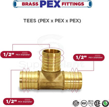 Load image into Gallery viewer, Pexflow PXTE0058-10 PEX X PEX X PEX Barb Tee Pipe Fittings 5/8" Brass