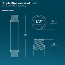 Load image into Gallery viewer, SUPPLY GIANT OQHM1212 12" Long Galvanized Steel Nipple Pipe Fitting with 1/2" Nominal Size Diameter, Single Unit