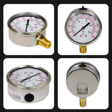 Load image into Gallery viewer, Supply Giant 2.5 inch Dial Face, Stainless Steel, Liquid Filled Pressure Gauge, for Oil, Gas, Water, and Air Pressure Testing, 1/4 in NPT Brass, Lower Mount Connection