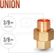 Load image into Gallery viewer, Supply Giant DDDV0038 3/8" Nominal Size Lead Free Copper Straight Union with Sweat Sockets for Use with 1/2" OD Copper Pipe