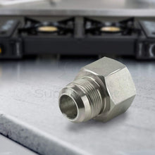 Load image into Gallery viewer, Flextron FTGF-38F38 Gas Connector Adapter Fitting with 3/8" Outer Diameter Flare Thread x 3/8" FIP, Uncoated, for Log & Space Connectors, Excellent Corrosion Resistance, Stainless Steel