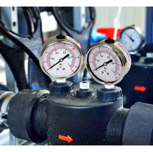 Load image into Gallery viewer, Supply Giant 2.5 inch Dial Face, Stainless Steel, Liquid Filled Pressure Gauge, for Oil, Gas, Water, and Air Pressure Testing, 1/4 in NPT Brass, Lower Mount Connection