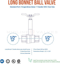 Load image into Gallery viewer, Midline Valve Premium Brass Ball Valve, Long Bonnet with T-Handle