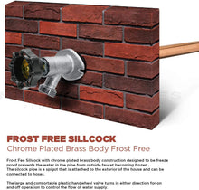Load image into Gallery viewer, Sillcock Pipe Chrome Plated Brass Body Frost Free 4 inch Long with 1/2 inch PEX Connection and 3/4 inch Hose Bib Lead Free