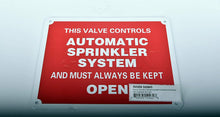 Load image into Gallery viewer, Supply Giant TJHO#6 Fire Safety Sign This Valve Controls Automatic Sprinkler System and Must Always Be Kept Open, Heavy Duty Aluminum, 7 in. X 9 in.