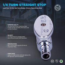 Load image into Gallery viewer, Midline Valve 82512QS-OM Water Supply Stop Valve with Quarter Turn Wheel; Lead Free; One Piece Design; Straight Shut-off for Toilet, Sink, Dishwasher; 1/2 in. PEX x 3/8 in. COMP; Chrome Plated Brass