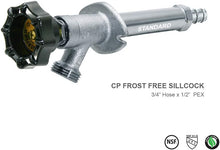 Load image into Gallery viewer, Sillcock Pipe Chrome Plated Brass Body Frost Free 4 inch Long with 1/2 inch PEX Connection and 3/4 inch Hose Bib Lead Free
