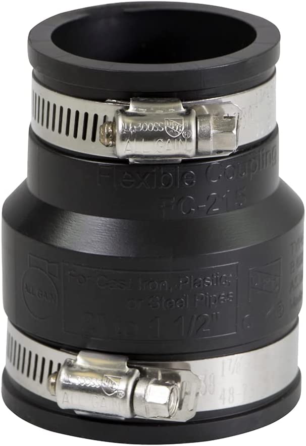 Supply Giant 6I53 Flexible Pvc Reducing Coupling with Stainless Steel Clamps, 2 x 1-1/2 Inch, Black