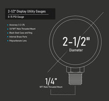 Load image into Gallery viewer, Supply Giant 2.5" inch Dial Utility Dry Water Pressure Gauge, Ideal for Swimming Pool Filter - Spa - Sprinkler - Well Pump - Aquarium - Water Hose, 1/4" NPT Brass Connection
