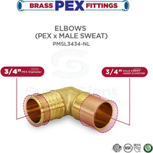 Load image into Gallery viewer, Supply Giant QNTM3434-5 Male Sweat X Pex Barb 90 Degree Elbow Pipe Fitting x 3/4&quot; Brass (pack of 5), 3/4 x 3/4
