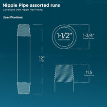 Load image into Gallery viewer, Supply Giant OQHM1512 12&quot; Long Galvanized Steel Nipple Pipe Fitting with 1-1/2&quot; Nominal Size Diameter, 1-1/2&quot; x 12&quot;
