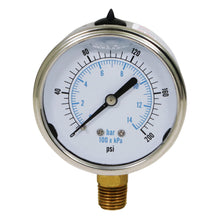 Load image into Gallery viewer, Supply Giant 2.5 inch Dial Face, Stainless Steel, Liquid Filled Pressure Gauge, for Oil, Gas, Water, and Air Pressure Testing, 1/4 in NPT Brass, Lower Mount Connection
