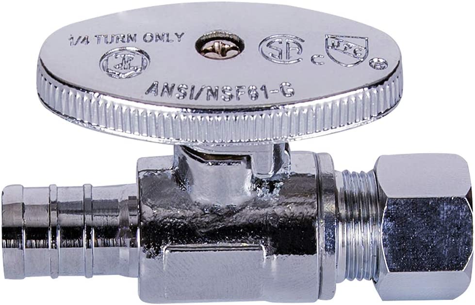 Midline Valve 82512QS-OM Water Supply Stop Valve with Quarter Turn Wheel; Lead Free; One Piece Design; Straight Shut-off for Toilet, Sink, Dishwasher; 1/2 in. PEX x 3/8 in. COMP; Chrome Plated Brass