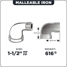 Load image into Gallery viewer, SUPPLY GIANT CNTO0112 1-1/2&#39;&#39; 90 Degree Street Malleable Iron Fitting For High Pressures with Black Finish, 1-1/2&quot;
