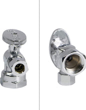 Load image into Gallery viewer, MIDLINE VALVE 81114QS-OM Water Supply Stop Valve with Quarter Turn Wheel; Lead Free; One Piece Design; Angle Shut-off for Toilet, Sink, Dishwasher; 1/2 in. FIP x 1/4 in. O.D. COMP; Chrome Plated Brass
