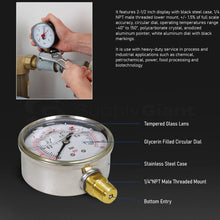 Load image into Gallery viewer, Supply Giant 2.5 inch Dial Face, Stainless Steel, Liquid Filled Pressure Gauge, for Oil, Gas, Water, and Air Pressure Testing, 1/4 in NPT Brass, Lower Mount Connection
