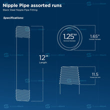 Load image into Gallery viewer, Supply Giant OQCM1112 12&quot; Long Black Steel Nipple Pipe Fitting with 1-1/4&quot; Nominal Size Diameter
