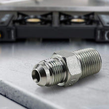 Load image into Gallery viewer, Flextron FTGF-38M38 Gas Connector Adapter Fitting with 3/8&quot; Outer Diameter Flare Thread x 3/8&quot; MIP (TAPPED 1/4&quot;), Uncoated, for Log &amp; Space Gas Connectors, Stainless Steel
