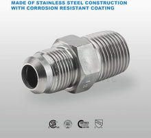 Load image into Gallery viewer, Flextron FTGF-38M38 Gas Connector Adapter Fitting with 3/8&quot; Outer Diameter Flare Thread x 3/8&quot; MIP (TAPPED 1/4&quot;), Uncoated, for Log &amp; Space Gas Connectors, Stainless Steel
