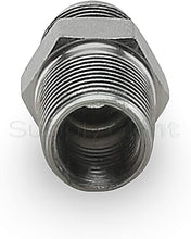 Load image into Gallery viewer, Flextron FTGF-38M38 Gas Connector Adapter Fitting with 3/8&quot; Outer Diameter Flare Thread x 3/8&quot; MIP (TAPPED 1/4&quot;), Uncoated, for Log &amp; Space Gas Connectors, Stainless Steel
