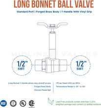 Load image into Gallery viewer, Midline Valve Premium Brass Ball Valve, Long Bonnet with T-Handle
