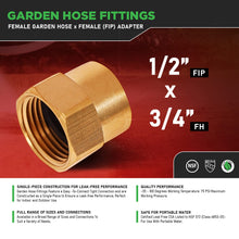 Load image into Gallery viewer, Supply Giant H5J-5634-NL Female Garden Hose Adapter, 3/4&quot; FH x 1/2&quot; FIP Brass Lead Free 10 Pack
