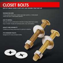 Load image into Gallery viewer, Raven KCDC-738436 Brass Plated Closet Bolts with Nuts and Washers For Toilets, 5/16-inch x 2-1/4 inch, Set of 2, 5/16&quot; x 2-1/4&quot;
