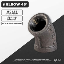 Load image into Gallery viewer, Everflow Supplies BMFF0014 1/4&quot; 45 Degree Malleable Iron Elbow Fitting for High Pressures with Female Thread Connects and Black Finish
